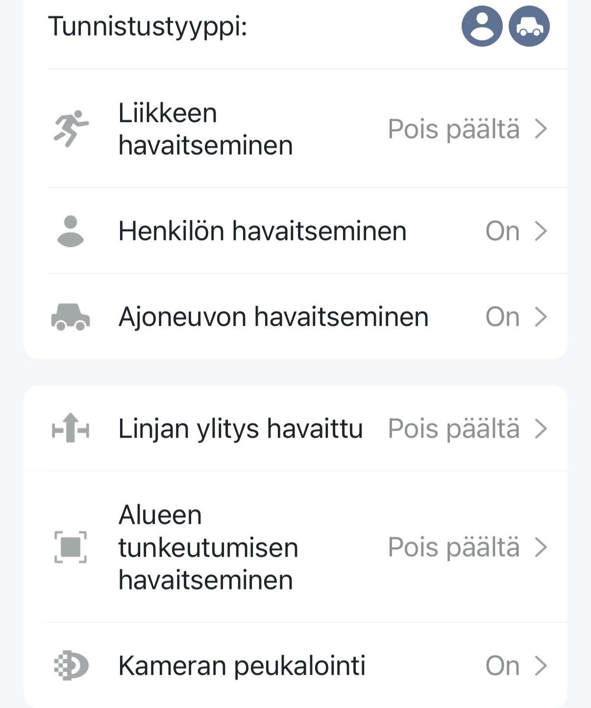 Valvontakameran asetuksia Tp Linkin sovelluksessa