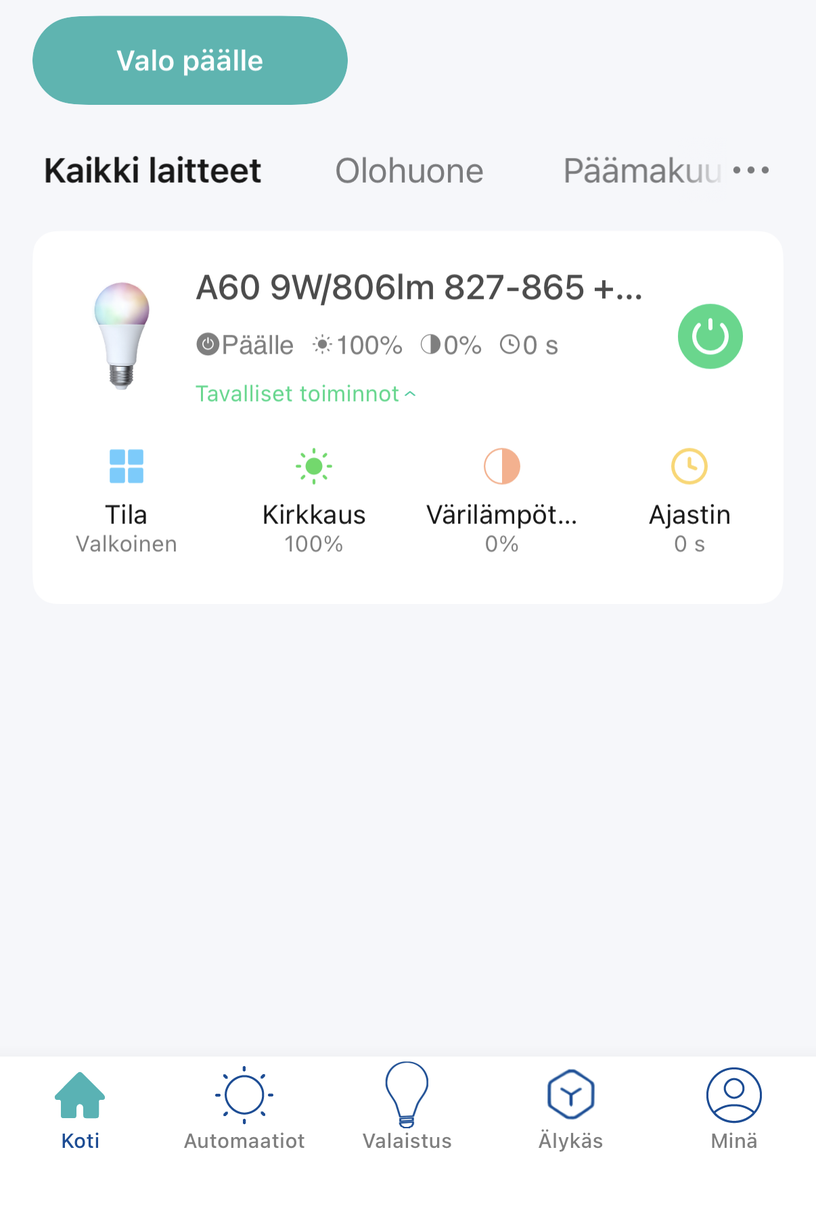 Airam SmartHome sovellus älylampun ohjaus