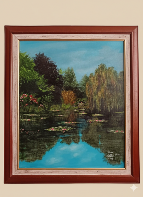 Le jardin de Monet à Giverny - Peinture à l'huile originale encadrée