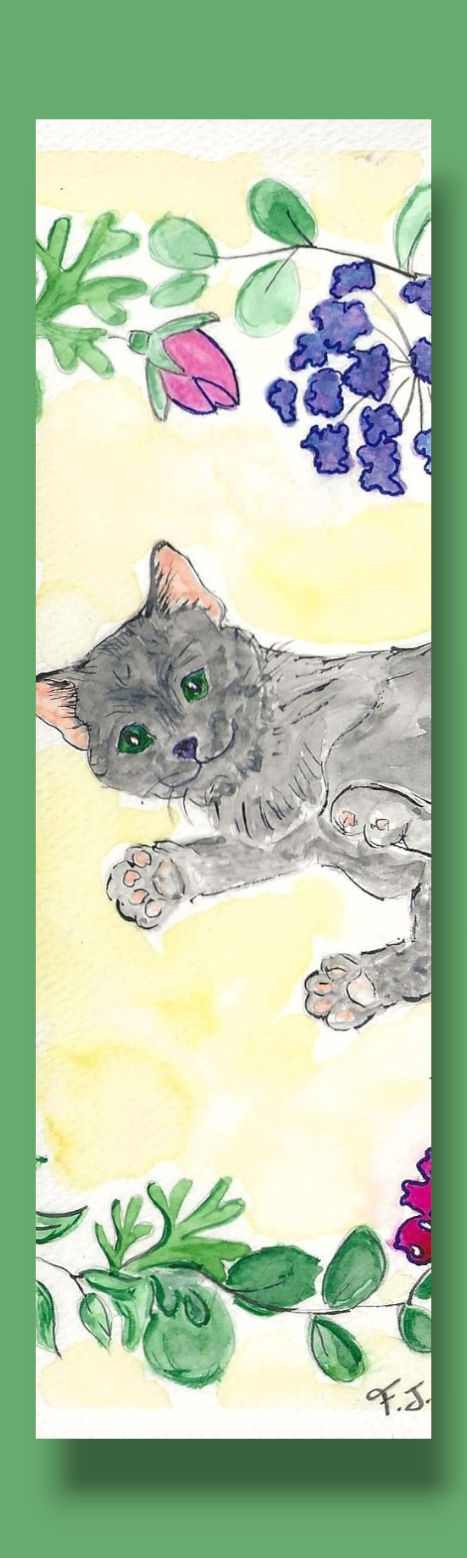 🐱🌸🍃 Marque-page “Petit Chat Gris au Jardin Fleuri” – Aquarelle & crayons de couleur