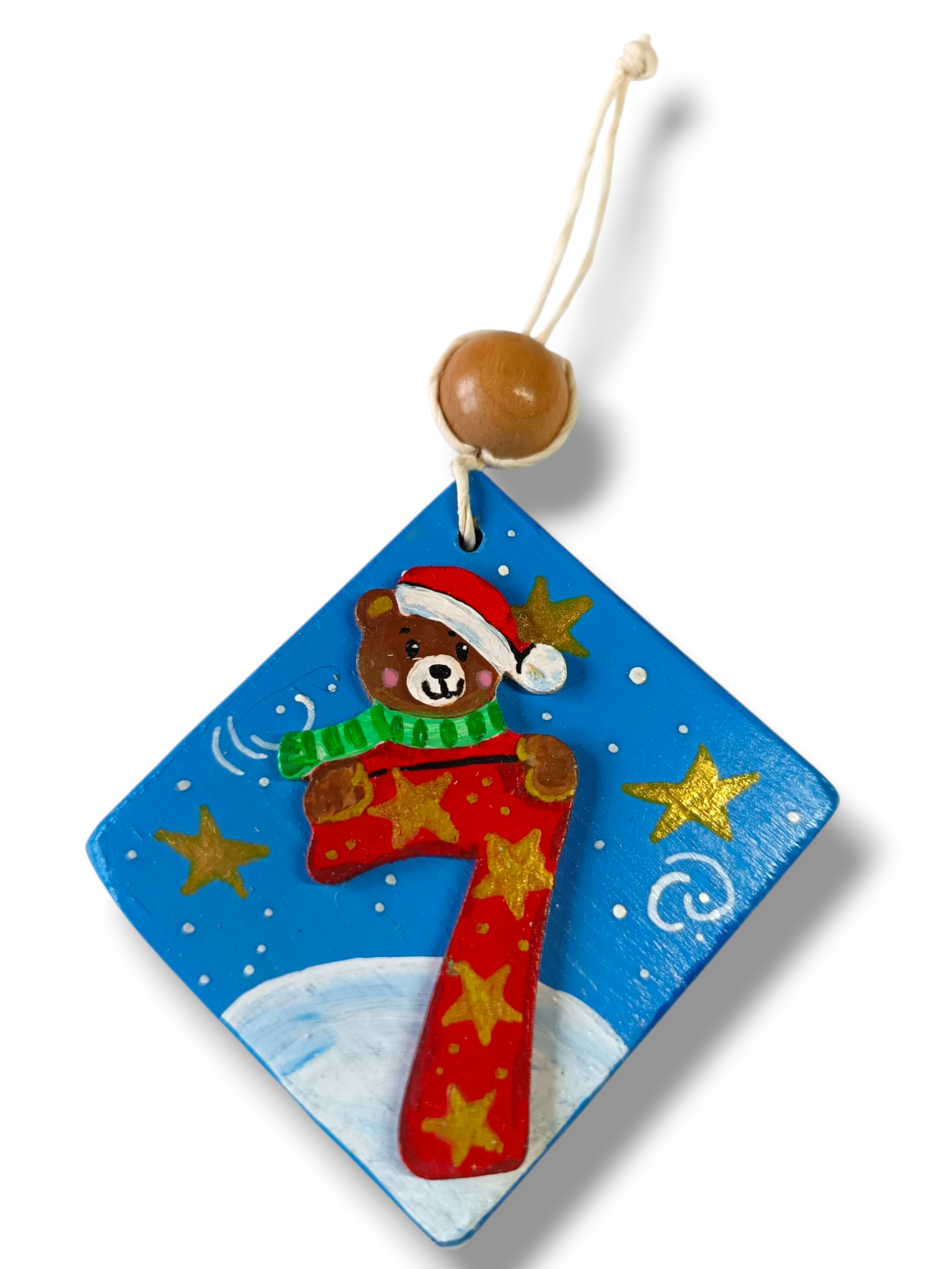 Décoration en bois – Ourson de Noël n°7 (Bleu & Rouge)