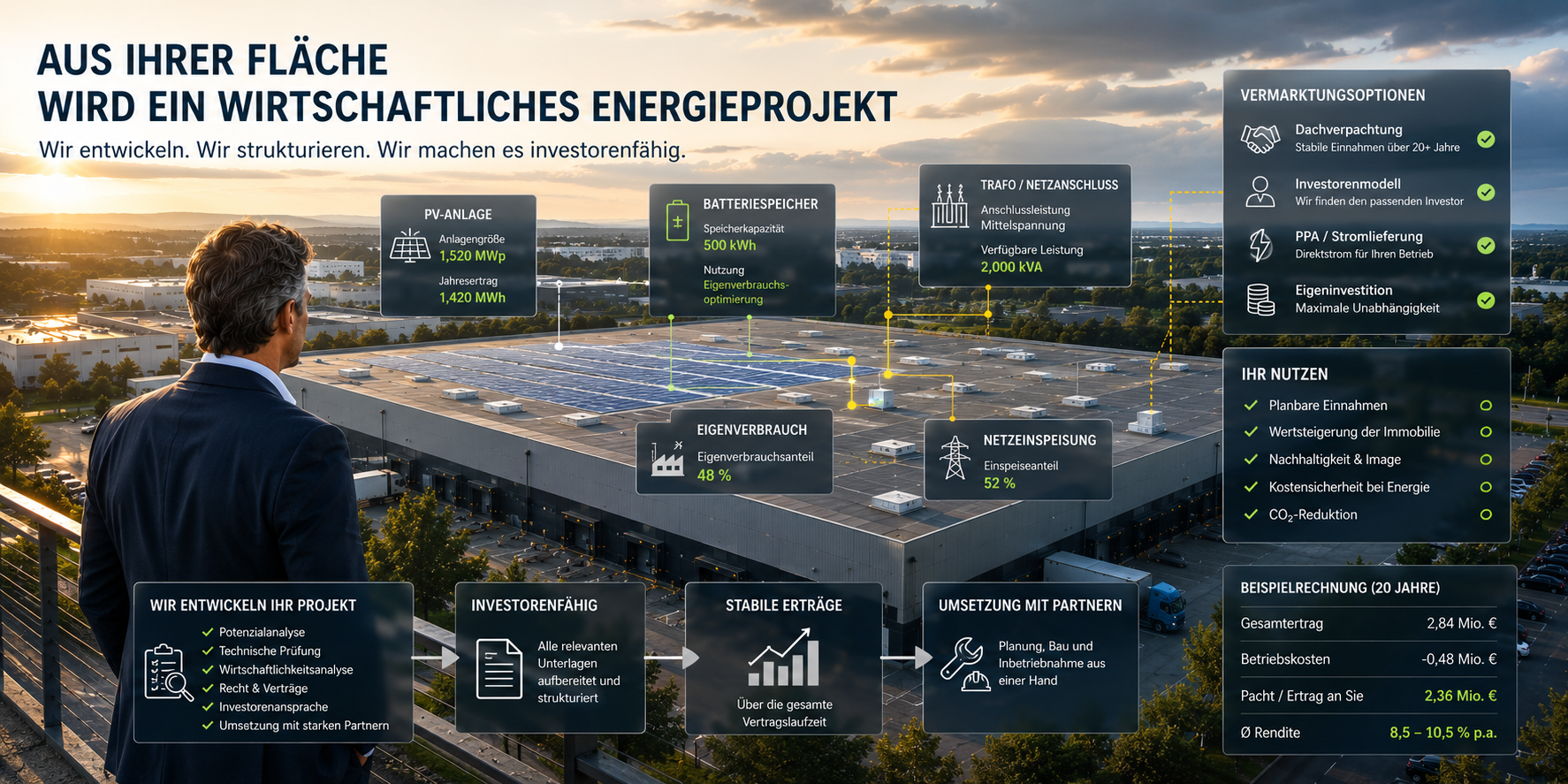 Dachfläche mit dargestelltem Projektpotenzial, Investorenfähigkeit und Umsetzungsmöglichkeiten