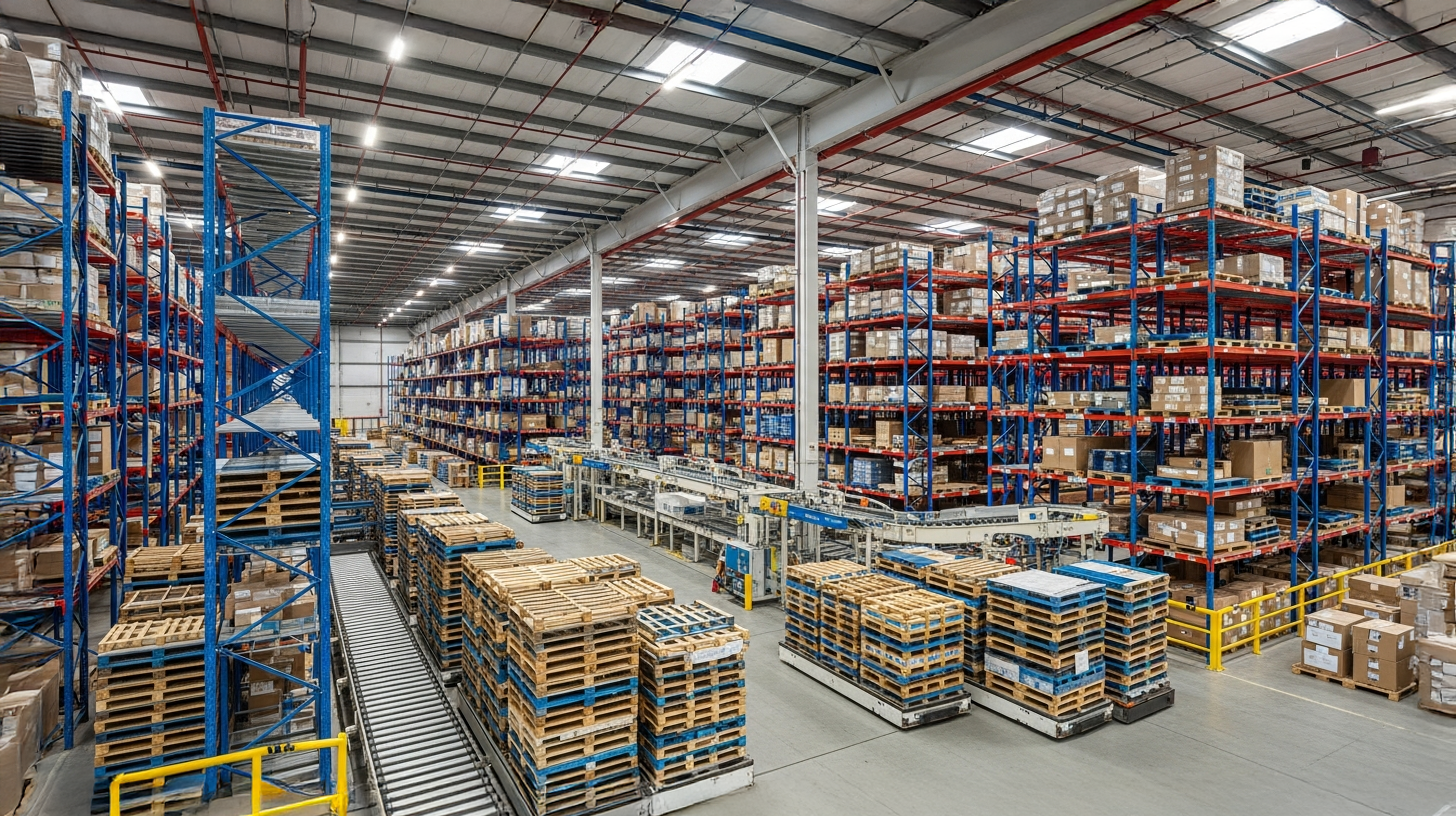 Logistikhalle mit Hochregalen und Fördertechnik