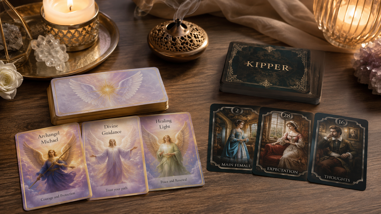 Engelkarten und Kipperkarten in hochwertiger spiritueller Atmosphäre