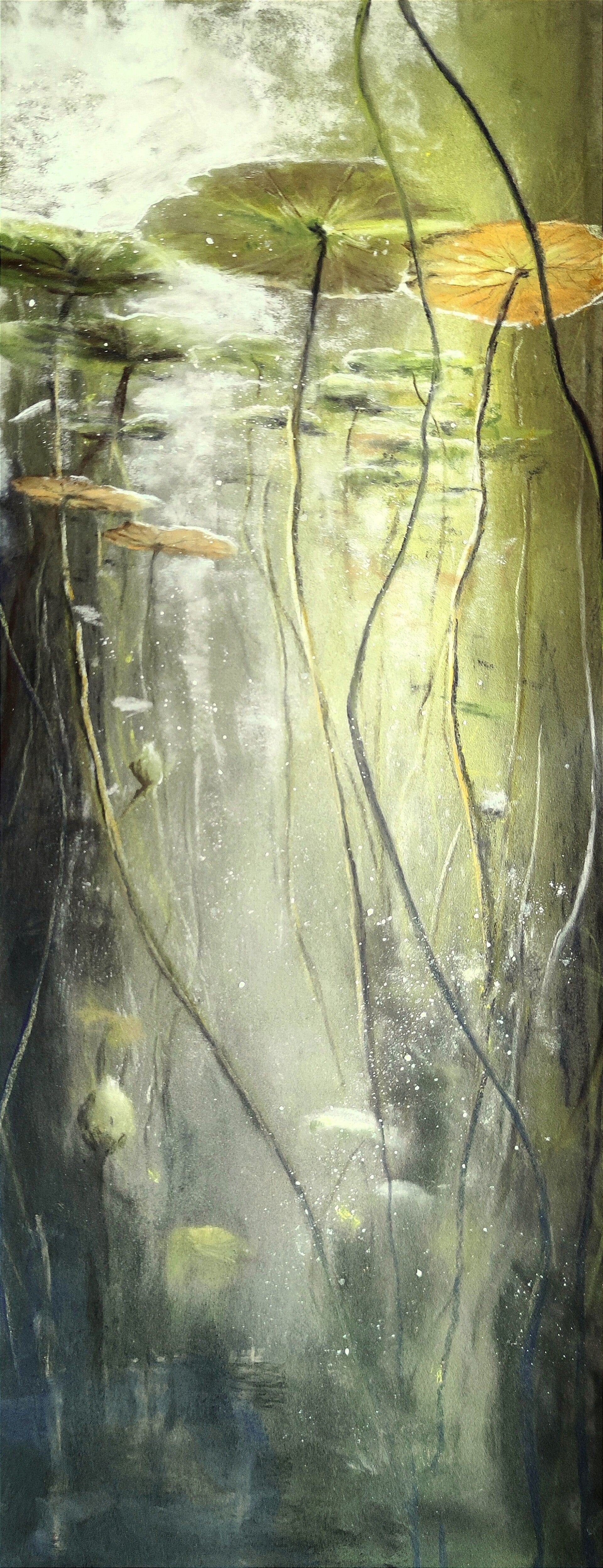 Nénuphars verticaux, pastel 50x20cm, vendu
