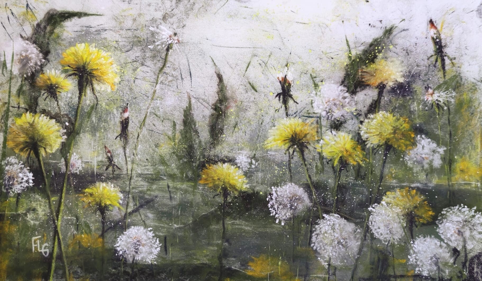 Pissenlits horizontaux, pastel 30x50cm, vendu