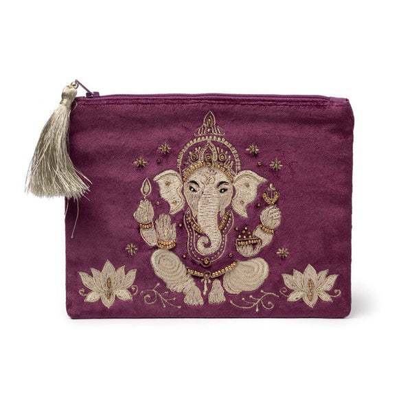 Paars fluwelen etui met ritssluiting en Ganesha-afbeelding.