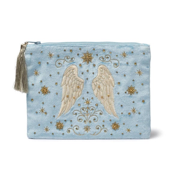 Blauw fluwelen etui met ritssluiting en engelenvleugels