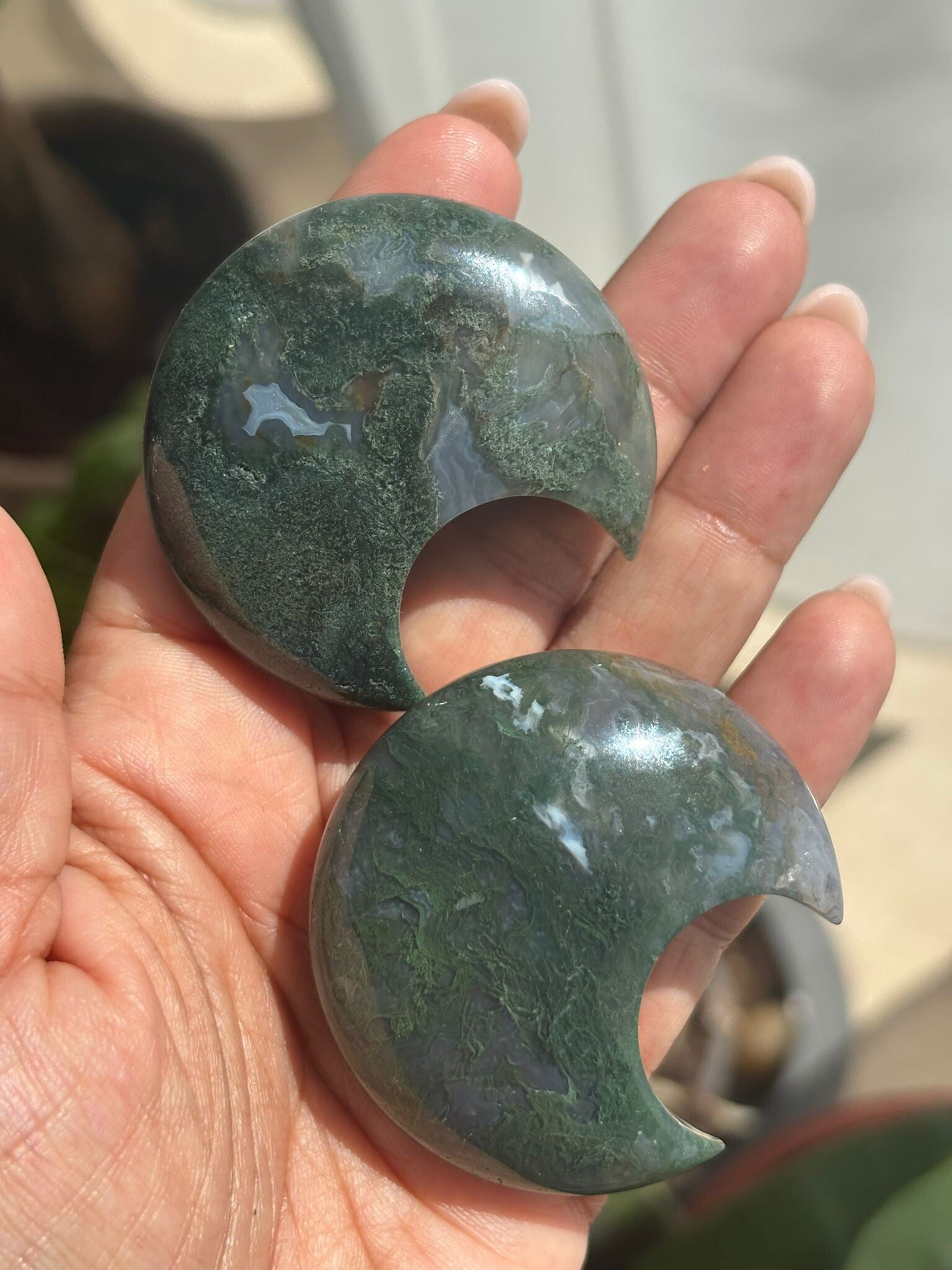 Moss Agate Moon Carving