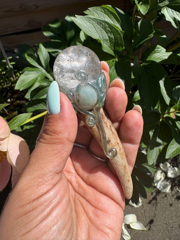 Muntjac antler & Clear Quartz wand