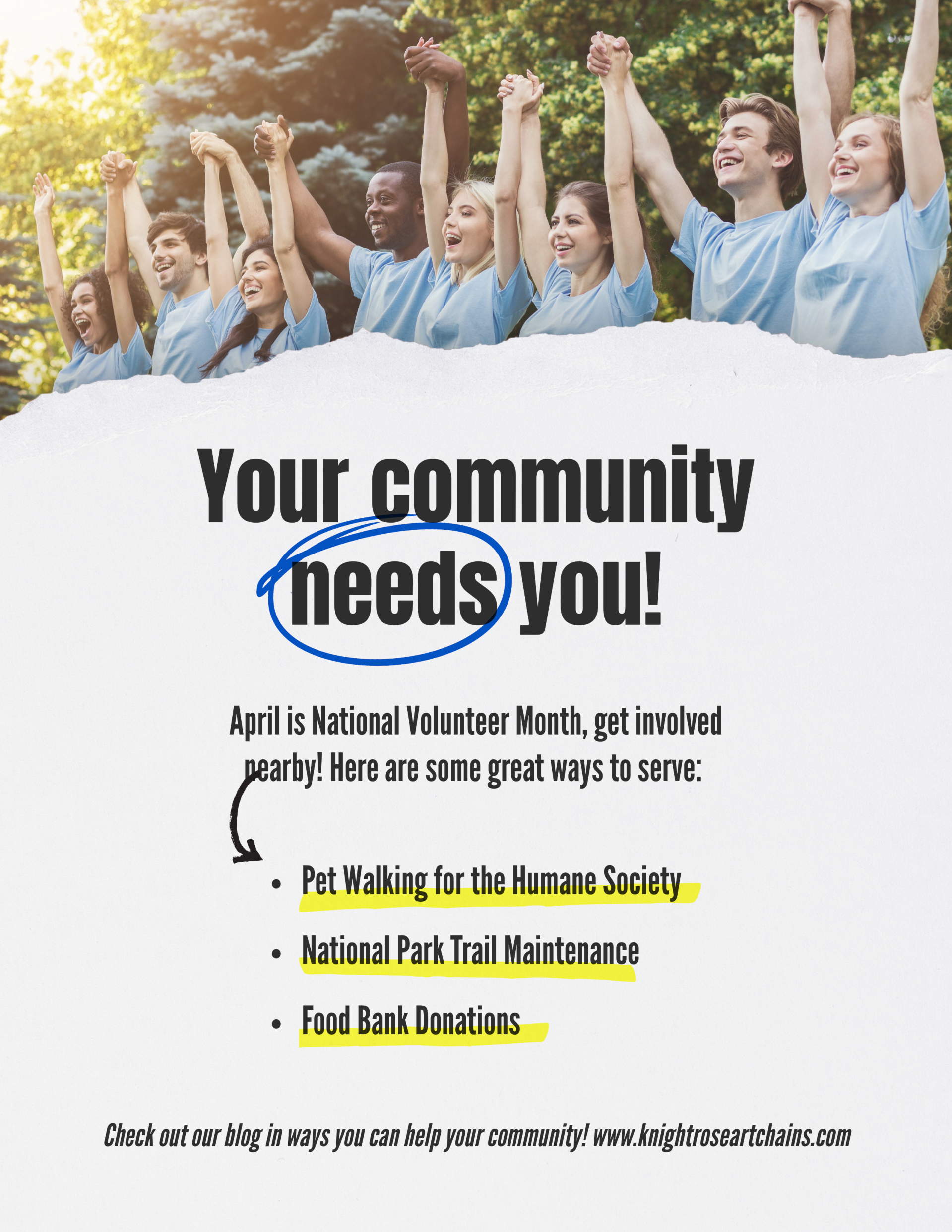 Your community needs you. April is National Volunteer Month, get involved nearby@ Here are some great ways to serve,.