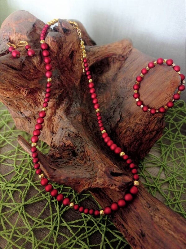 Perlenkette Set - Rot / Gold mit Schmuckbox