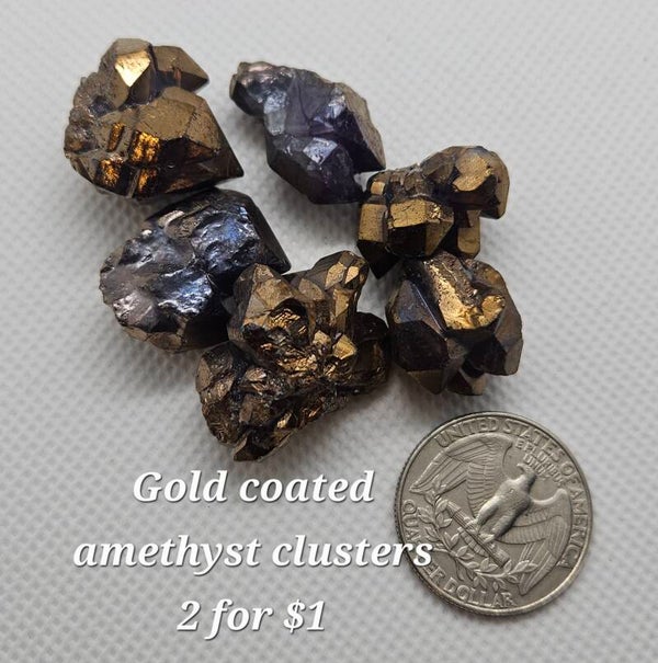 Gold coated amethyst clusters