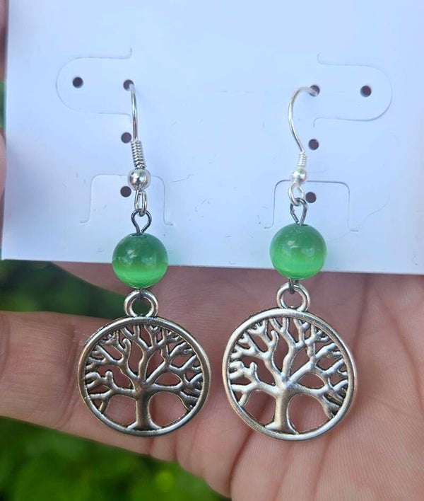 Tree of life/green cats eye earrings