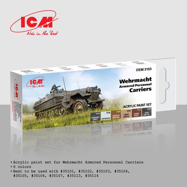 ICM : REF : 3103 : ACRYLIC PAINT SET : for German Wehrmacht Armored Personnel Carriers (6 X 12ml) (PACK)