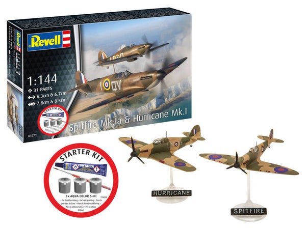 REVELL : REF : 73771 (03771) : 1:144: STARTER KIT BEGINNER / DEBUTANT LEVEL 3 : UK : Spitfire Mk.Ia & Hurricane Mk.I (2 KITS)