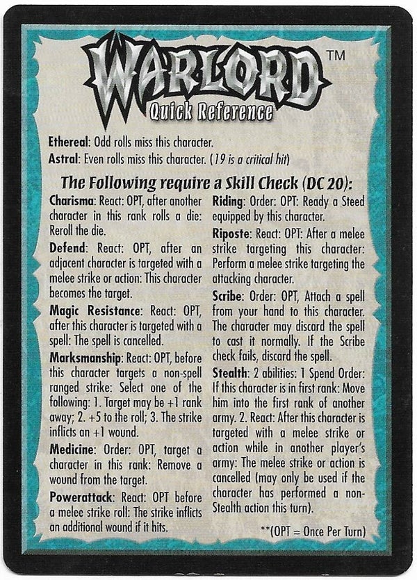 Warlord Saga of the Storm (CCG) : tip Card  :  Quick reference