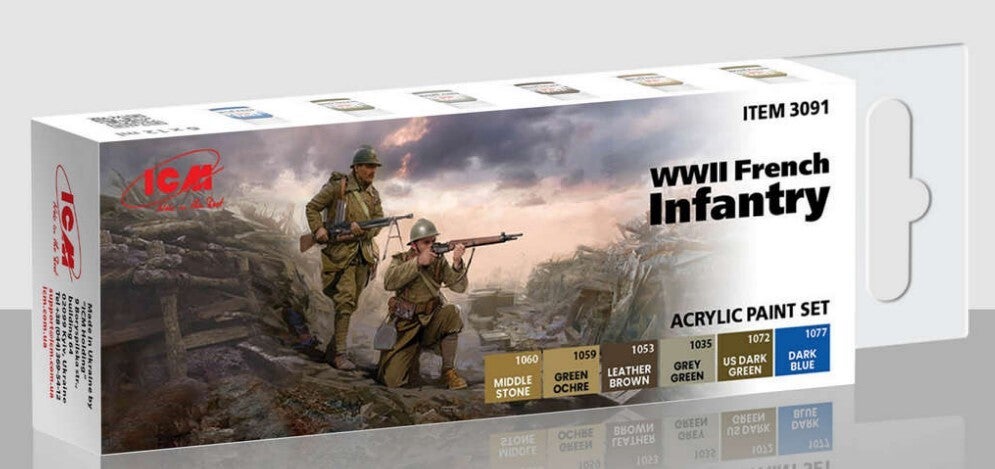 ICM : REF : 3091 : ACRYLIC PAINT SET : for French Infantry WWII (6 X 12ml) (PACK)