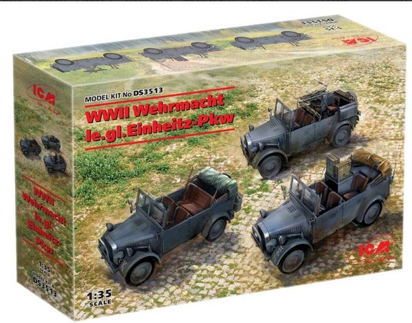 ICM : REF : DS 3513 : 1:35 : VEHICLE SET : German WWII Wehrmacht "le.gl. Einheits-Pkw" (Véhicules Tout-Terrain Légers) (3)