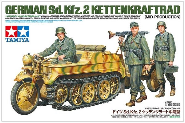 TAMIYA : REF : 35377 : 1:35 : German : NSU / STOEWER : Sd.Kfz. 2 Kettenkraftrad (Motocyclette à Chenilles) (Mid-production) (+ 3 Fig.)