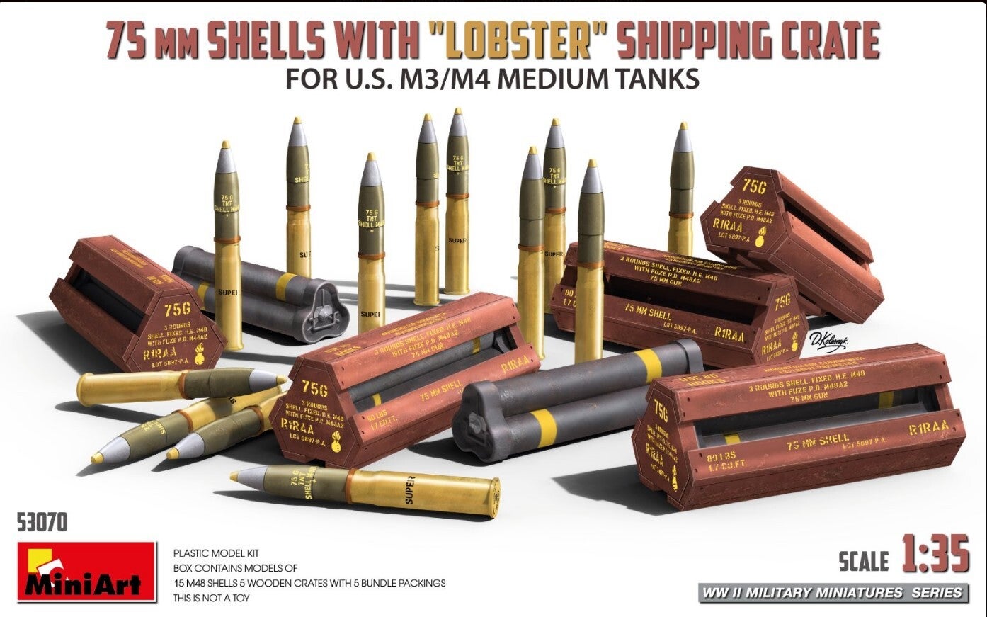 MINIART : REF : MINIART 53070 : 1:35 : ACCESSORIES : US : 75MM Shell WITH “Lobster” Shipping Crate for U.S. M3 / M4 Medium Tanks