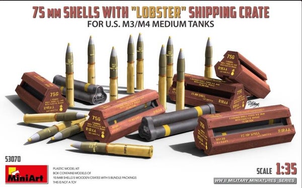 MINIART : REF : MINIART 53070 : 1:35 : ACCESSORIES : US : 75MM Shell WITH “Lobster” Shipping Crate for U.S. M3 / M4 Medium Tanks