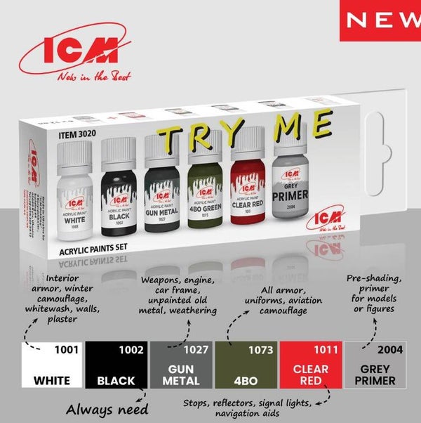 ICM : REF : ICM3020 : ACRYLIC PAINT SET : Acrylic paint Set “Try Me” (6 X 12ml) (PACK)
