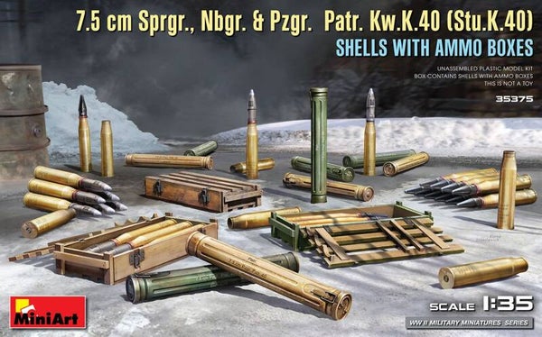 MINIART : REF : MINIART 35375 : 1:35 : ACCESSORY : 7.5 cm Sprgr., Nbgr. & Pzgr. Patr. Kw.K.40 (Stu.K.40) Shells with Ammo Boxes