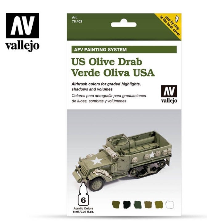 VALLEJO : REF : VAL78402 : MODEL AIR SERIE (AIRBRUSHING) : US Army Olive Drab (6) (PACK AFV Painting System)