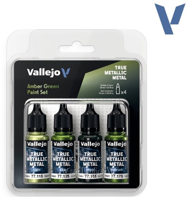 VALLEJO : REF : 77266 : TRUE METALLIC METAL (TMM) SERIE : PAINT SET : Amber Green (4 x 18 ml)