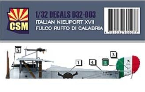 CSM : REF : CSM-D32003 : 1:32 : DECAL FOR : CSM NIEUPORT XVII (ITALIAN DECAL : FULCO RUFFO DI CALABRIA) (WWI)