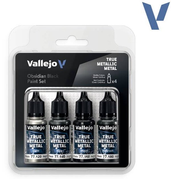 VALLEJO : REF : 77270 : TRUE METALLIC METAL (TMM) SERIE : PAINT SET : Obsidian Black (4 x 18 ml)