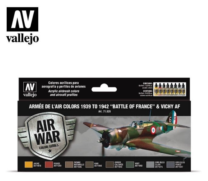 VALLEJO : REF : VAL71626 : MODEL AIR SERIE (AIRBRUSHING) : Armée de l’Air Colors 1939 to 1942 “Battle of France” & Vichy AF (8) (PACK Air War Serie)