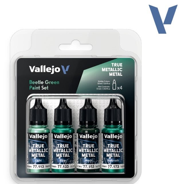 VALLEJO : REF : 77265 : TRUE METALLIC METAL (TMM) SERIE : PAINT SET : Beetle Green (4 x 18 ml)