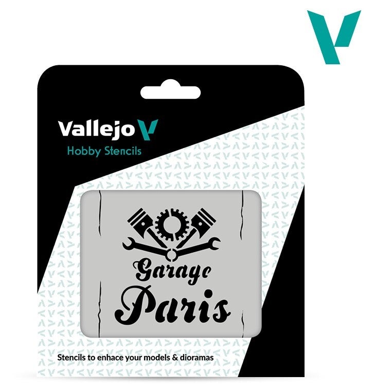 VALLEJO : REF : ST-LET001 : 1:35 : FOR DIORAMA : STENCIL / POCHOIR : Vintage Garage Sign