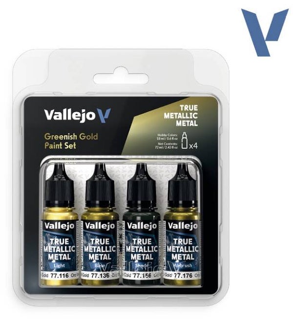 VALLEJO : REF : 77267 : TRUE METALLIC METAL (TMM) SERIE : PAINT SET : Greenish Gold (4 x 18 ml)