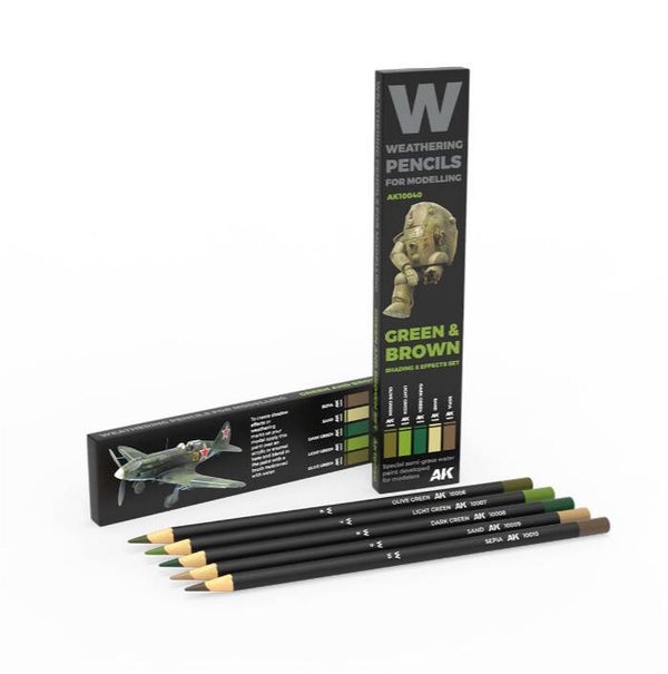 AK INTERACTIVE : REF : AK10040 : WATERCOLOR PENCIL :  SET GREEN AND BROWN : SHADING & EFFECTS SET