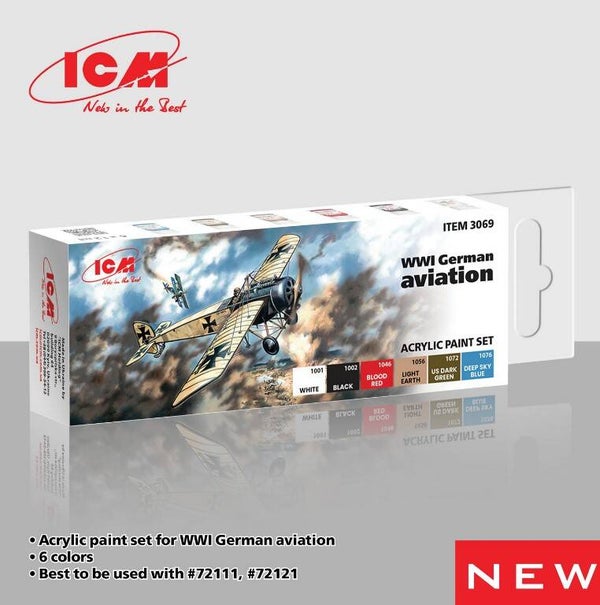 ICM : REF : ICM3069 : ACRYLIC PAINT SET : for WWI German Aviation (6 X 12ml) (PACK)