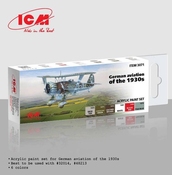 ICM : REF : ICM3071 : ACRYLIC PAINT SET : for German Aviation of the 1930's (6 X 12ml) (PACK)