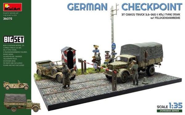 MINIART : REF : MINIART 36075 : 1:35 : DIORAMAS SERIES : GERMAN Checkpoint 3T Cargo Truck 3,6-36S & Kfz.1 Type 170VK with Feldgendarmerie (BIG SET)