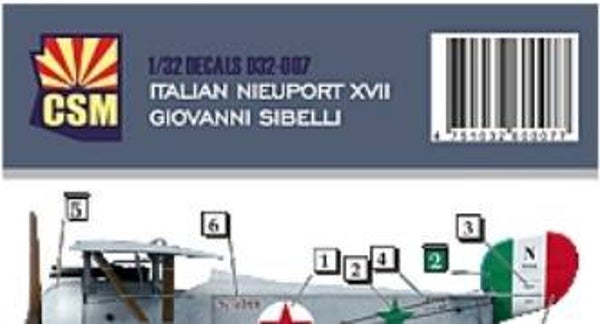 CSM : REF : D32007 : 1:32 : DECAL FOR : CSM NIEUPORT XVII (ITALIAN DECAL : GIOVANNI SIBELLI) (WWI)