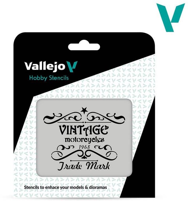 VALLEJO : REF : ST-LET005 : 1:35 : FOR DIORAMA : STENCIL / POCHOIR : Vintage Motorcycles Sign