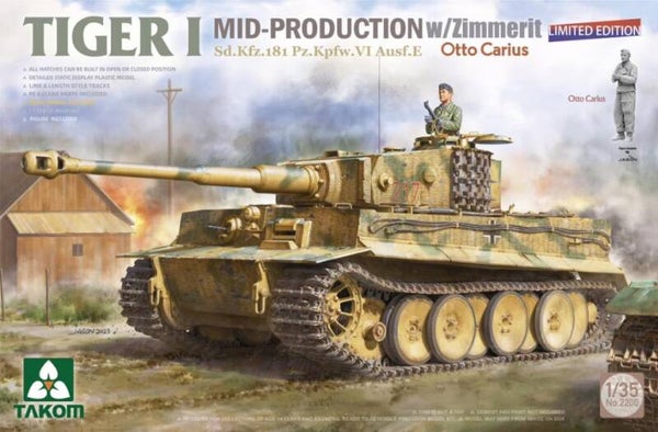 TAKOM : REF : 2200 : 1:35 : German : Tiger I (Sd.Kfz. 181 Pz.Kpfw. VI Ausf. E) (Mid Production with Zimmerit) (Otto Carius (Fig.)) (LIMITED EDITION)