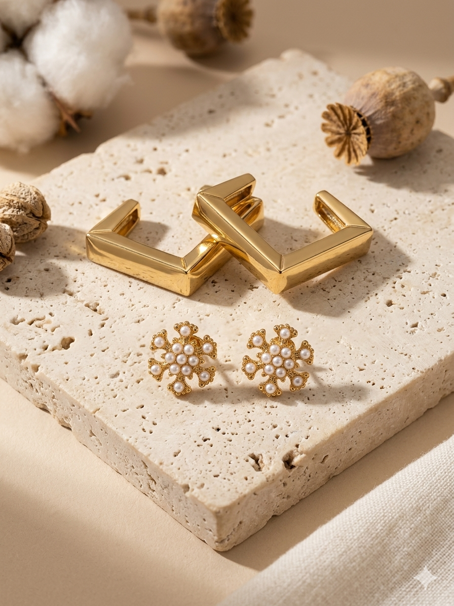 Duo de Boucles d'Oreilles Dorées Haute Couture – Éclat Minéral