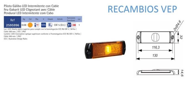 Piloto Gálibo LED 12/24V Intermitente Cable 500 mm 130X32X14.6MM