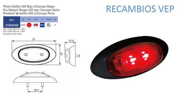 Piloto Trasero Galibo LED Rojo c/Carcasa Negra 87x40x20.8mm