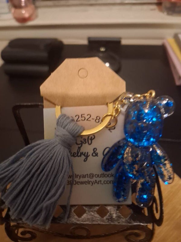 Blue glitter bear keychain with tassel