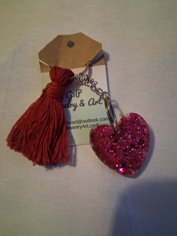 Pink heart tassel keyring
