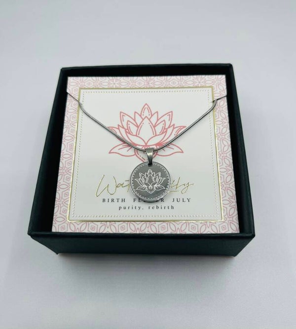 Birthflower ketting zilverkleur July/Waterlelie