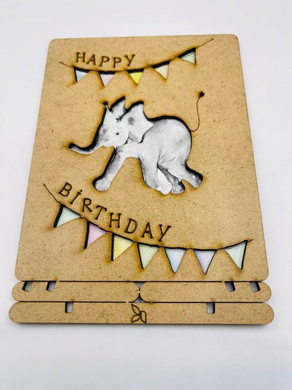 Wenskaart hout Komoni Amsterdam 'Happy Birthday olifant'